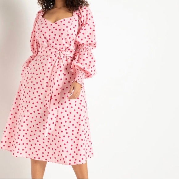 Eloquii Polka Dot Balloon Smocked Sleeve Midi Dress Size 20 EUC - Picture 1 of 11